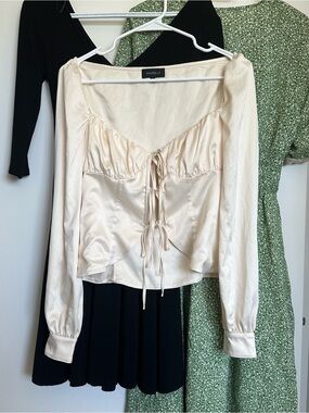MAJORELLE Cream Satin Tie-Front Blouse